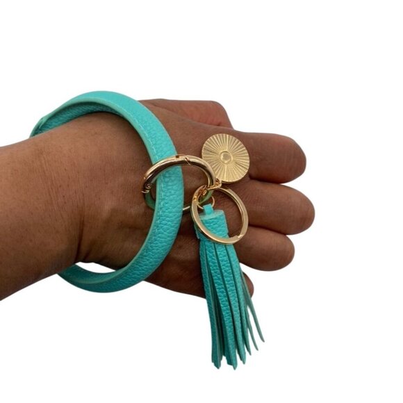 Mint Green Leather Tassel Bangle Keychain With Sunburst Charm & Rings Wristlet - Picture 3 of 4